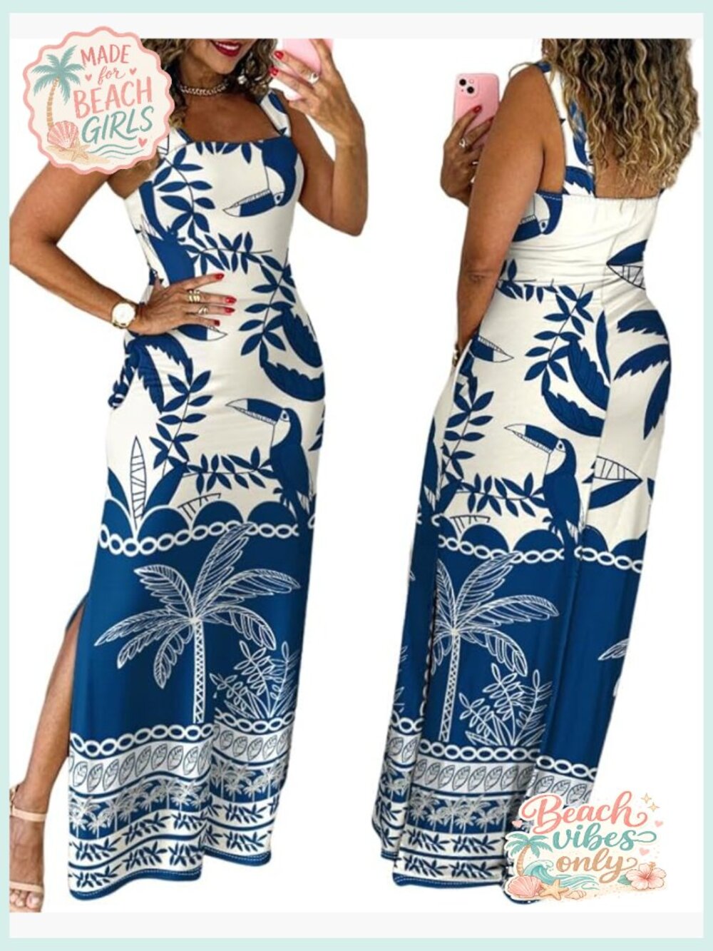 Women's Maxi Dress Thick Strap Square Neck Split Boho Sundress with Pockets